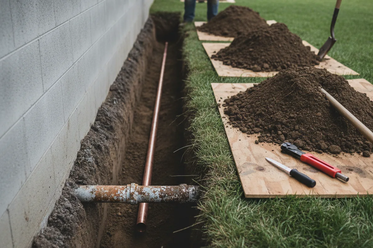 Excavated water line trench during Sewer Line Repair in Elmsford
